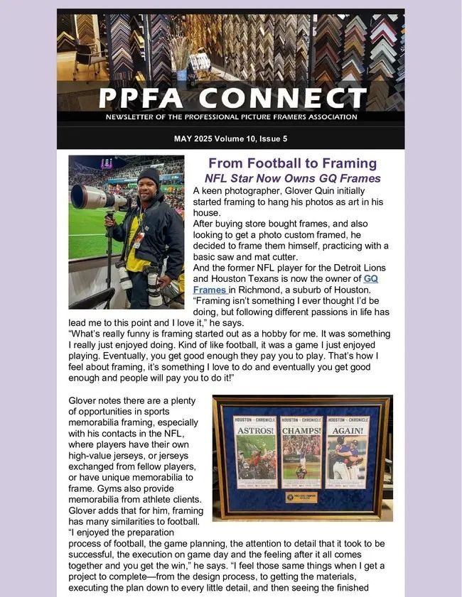 PPFA Connect newsletter page with article, photo of a man in a yellow jacket, and framed display images