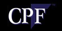 White “CPF” logo with stylized purple horizontal lines on a black background