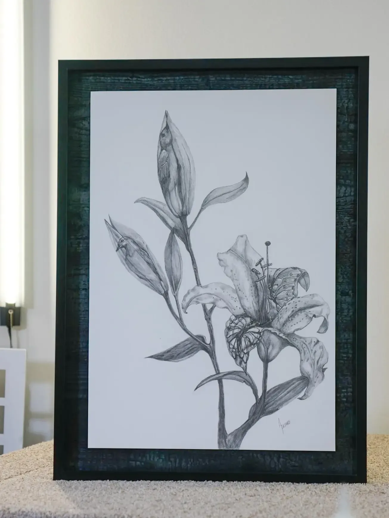 Framed black-and-white botanical sketch of a lily on a wall.
