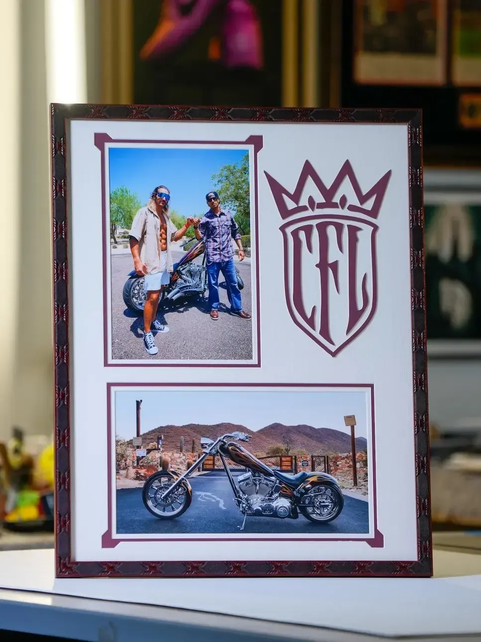 Framed photo collage with two motorcycle scenes and a crown-style logo on a white background