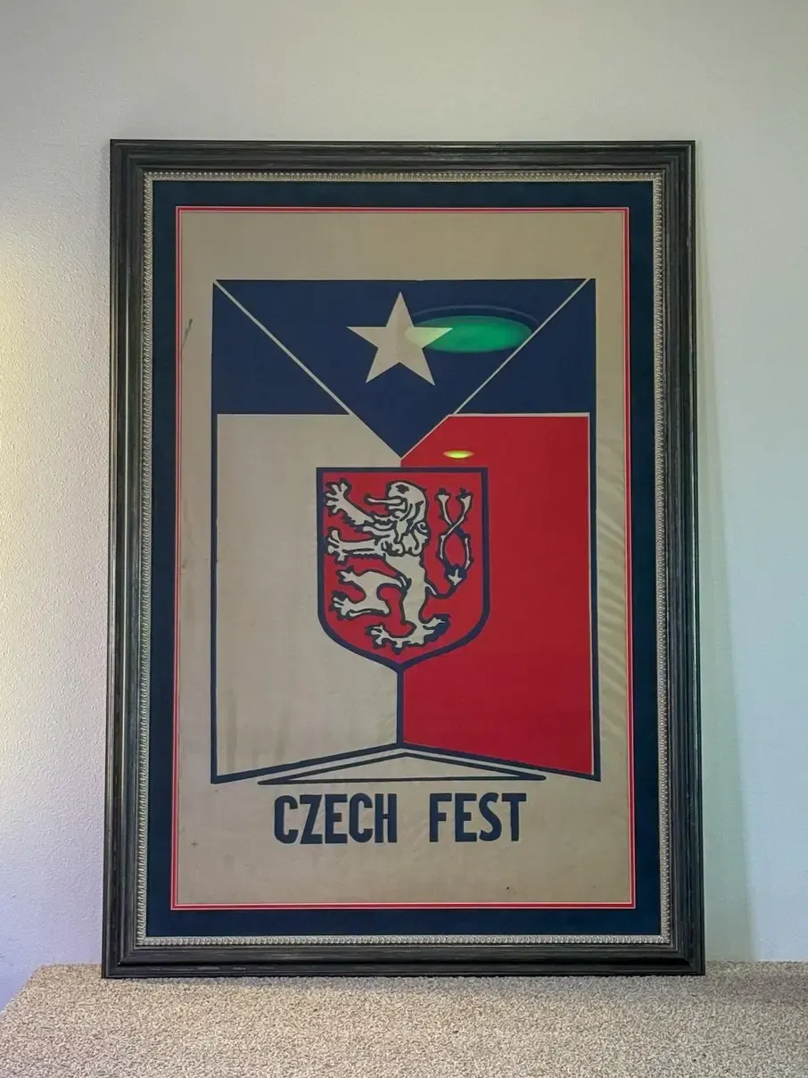 Framed Czech fest poster with Czech flag colors and a red lion crest
