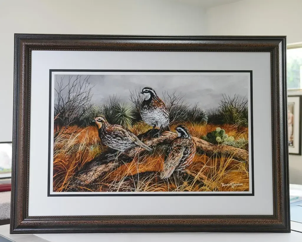 Framed wildlife painting of a bird perched on branches in a grassy field, in dark wood frame.