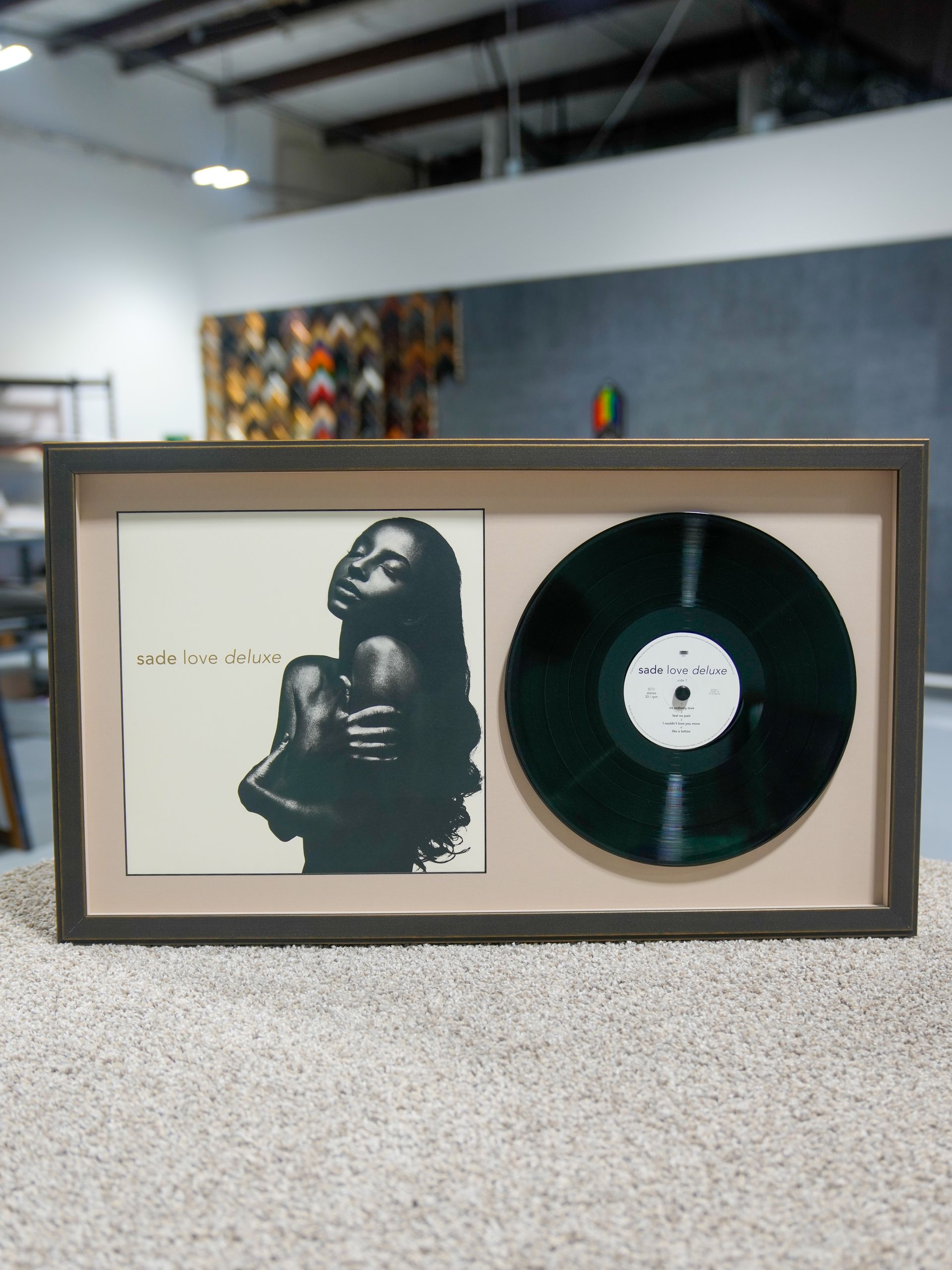 Framed vinyl record display with album art and a black LP on a white mat in a gallery-like room
