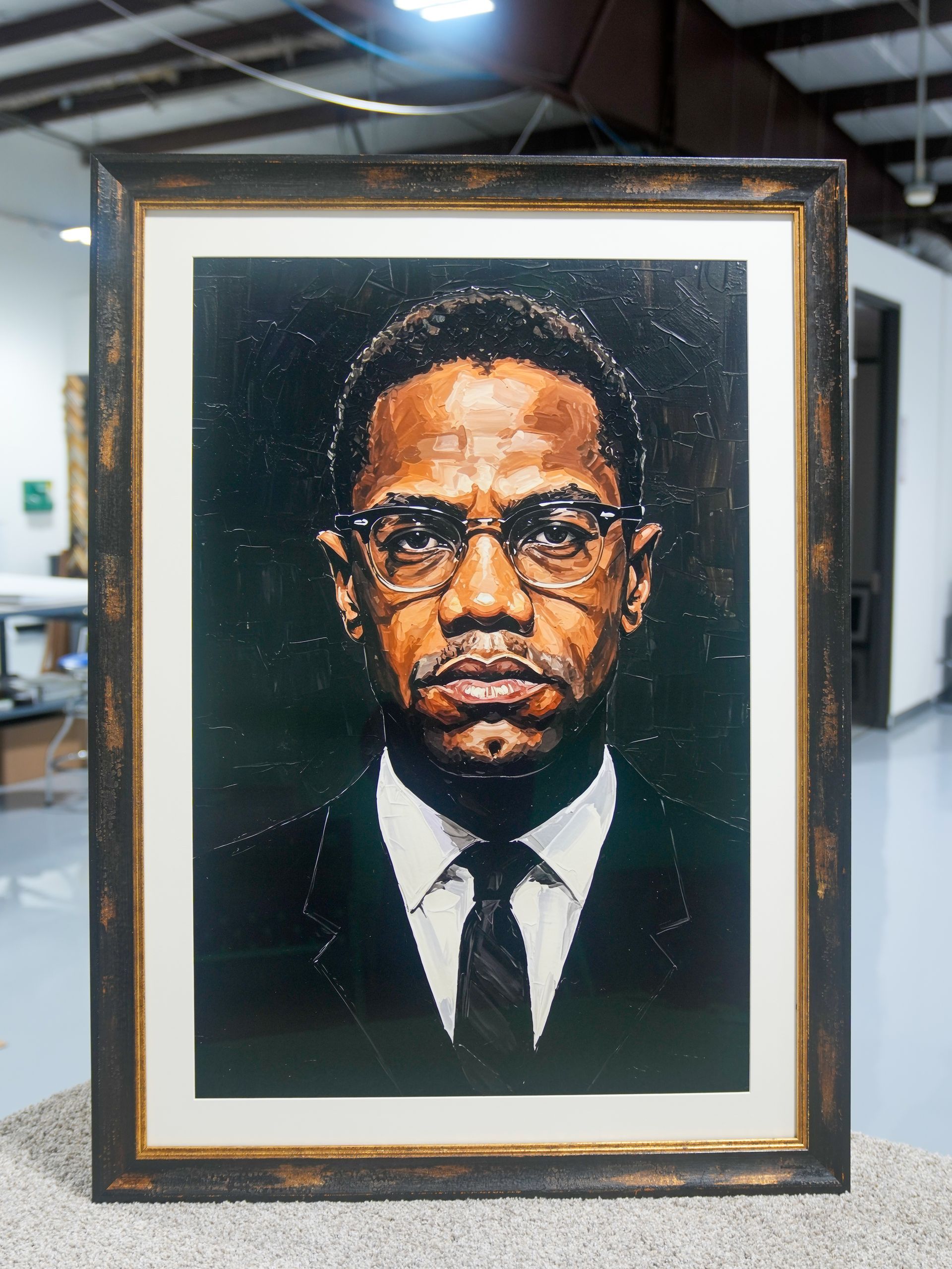 Framed formal portrait of a man in a black suit and tie against a dark background