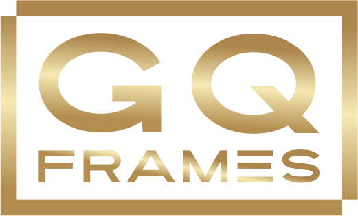 Gold GQ Frames logo on white background with a gold border
