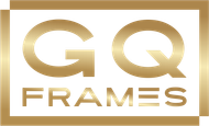 Gold GQ Frames logo on white background with a gold border