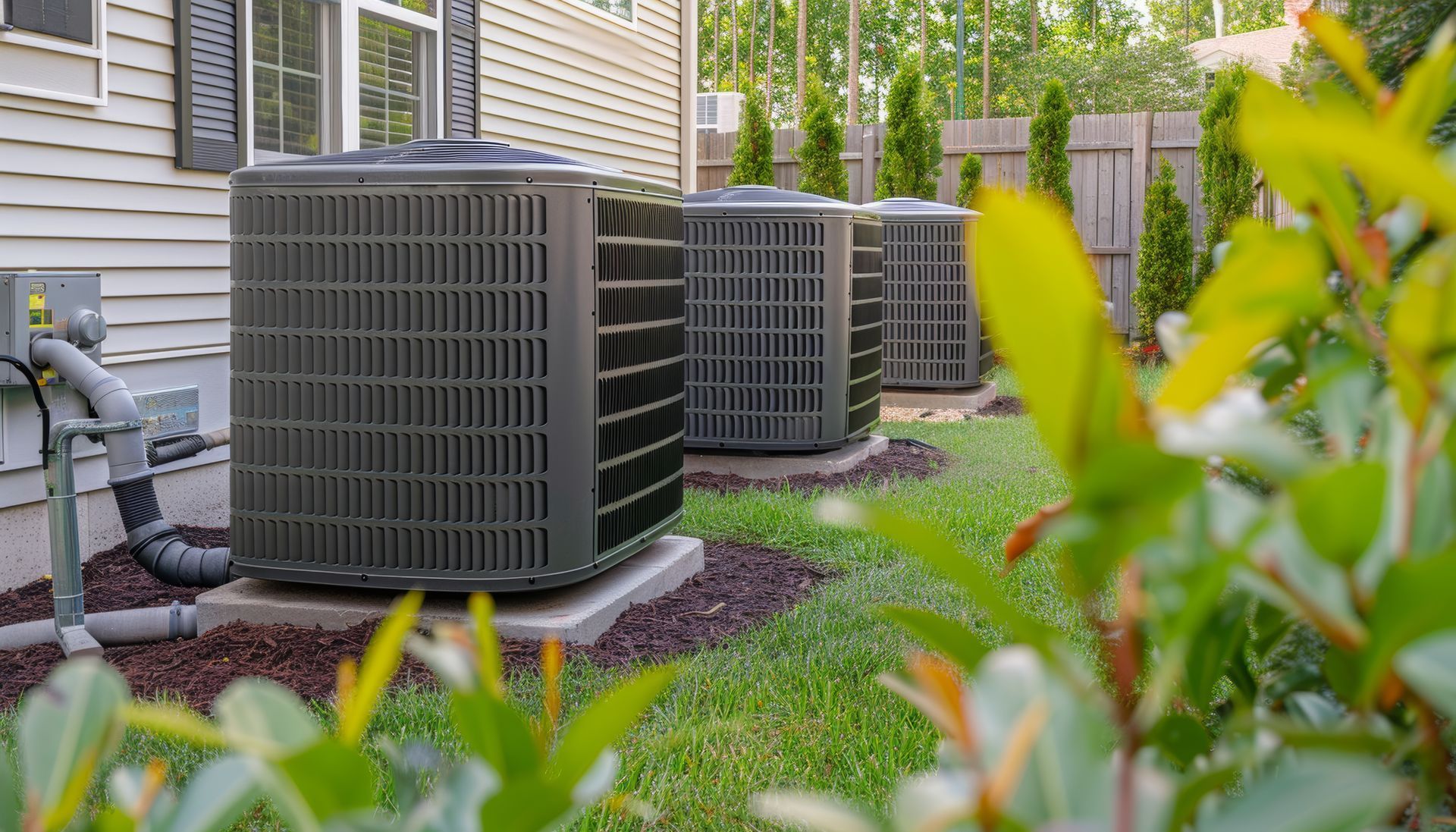 Outdoor air conditioning units beside a house, with green shrubs in the foreground