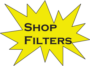 Yellow starburst sign with black text reading “SHOP FILTERS”