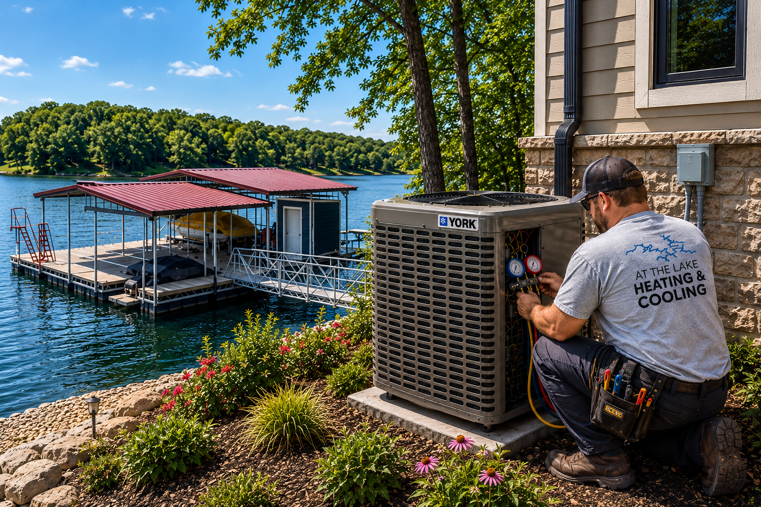 Two outdoor air conditioning units beside a house on a paved patio, partially obscured by leaves