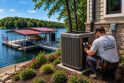 Technician servicing an outdoor HVAC unit beside a lakefront house and dock