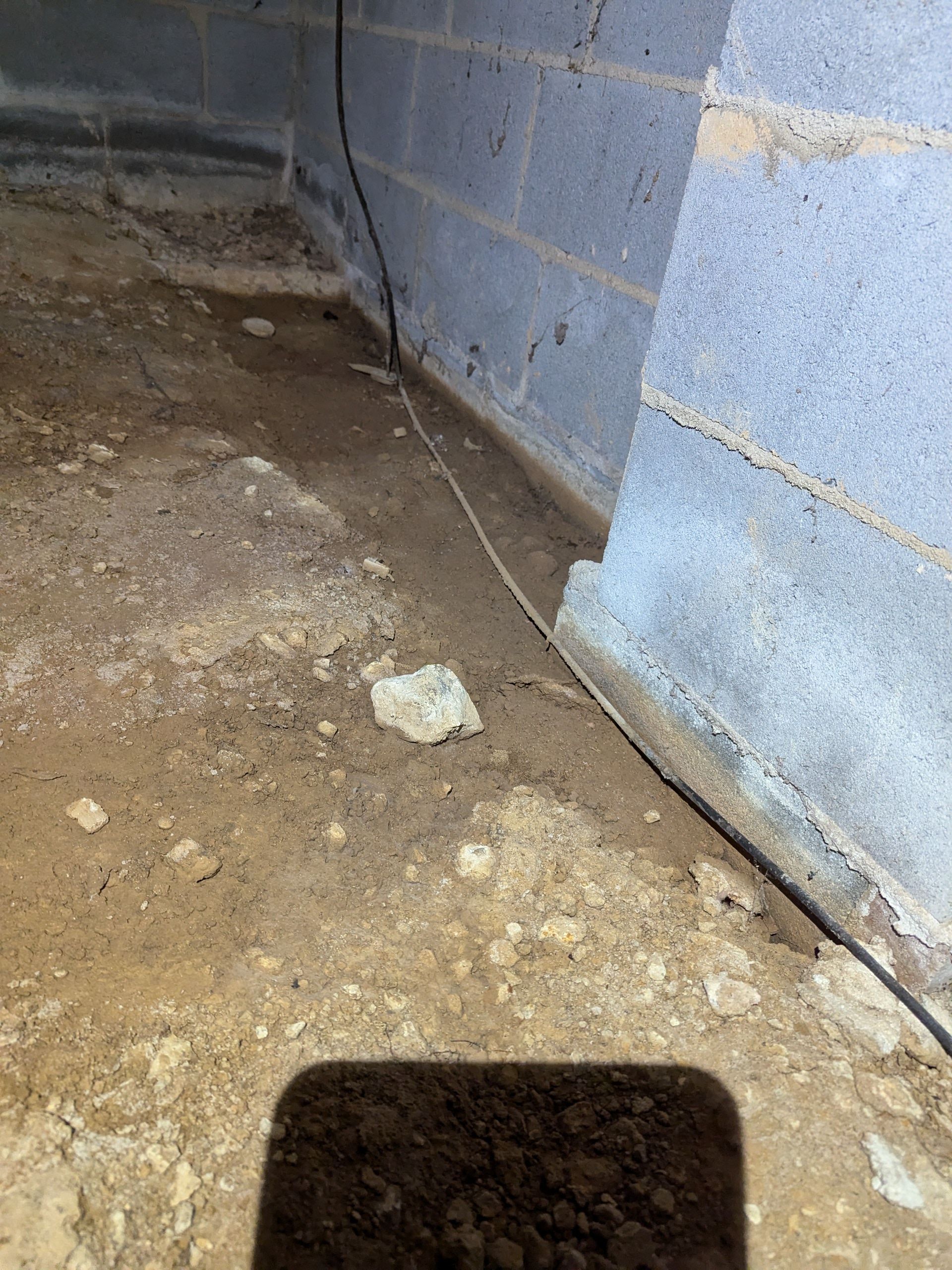 A person is standing in a basement next to a brick wall.