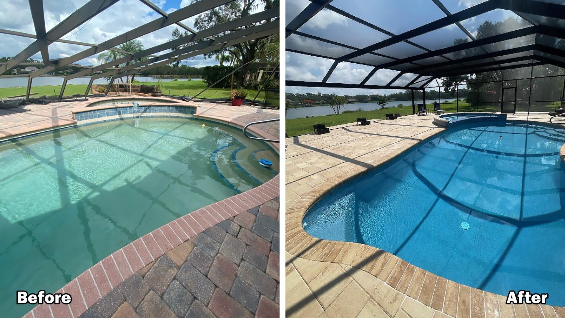 A before and after photo of a swimming pool.