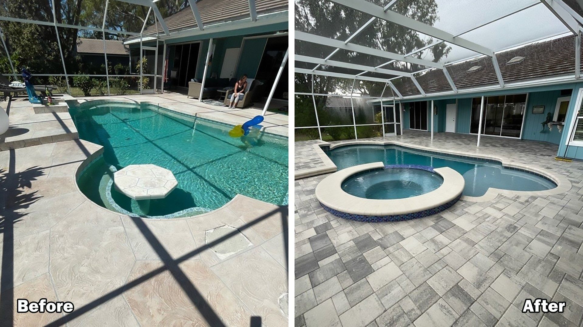A before and after photo of a swimming pool with a hot tub.