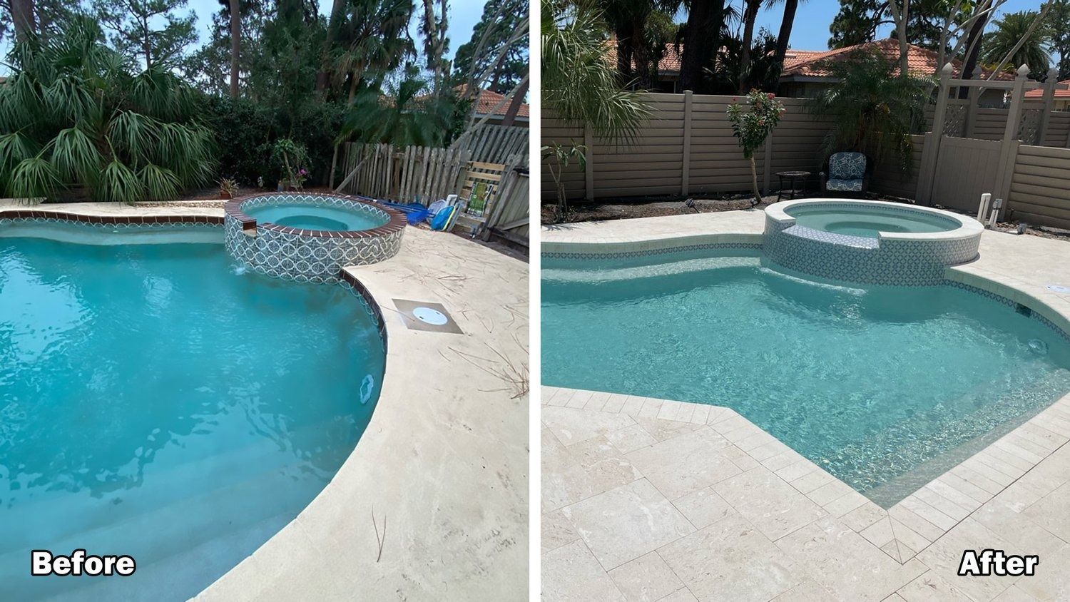 A before and after photo of a swimming pool.