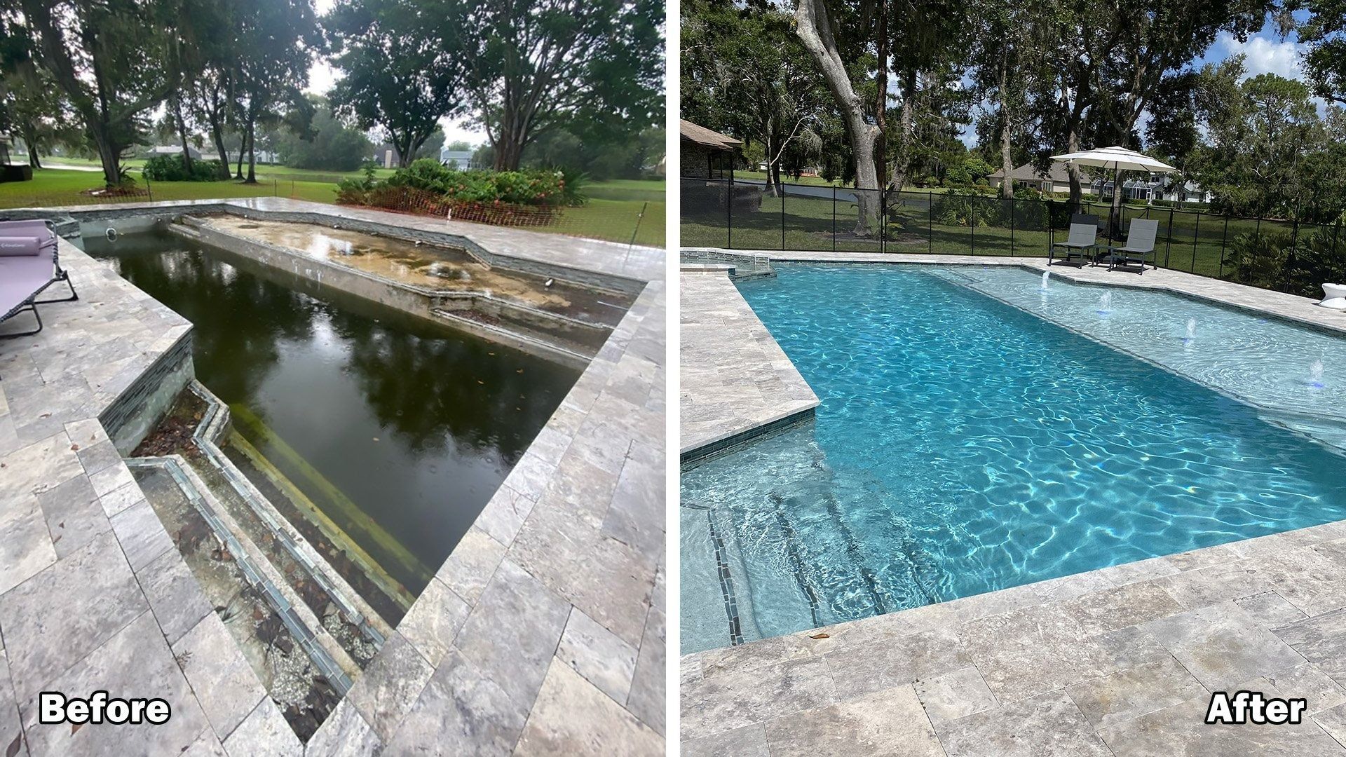 A before and after photo of a swimming pool.