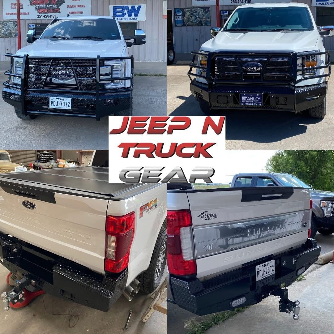 Collage of a white pickup truck with black front grille guard and bed accessories, plus rear cargo views.