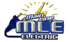 The Main Line Electric logo, featuring a blue plug, yellow lightning bolt, and the letters MLE in bold metallic font.