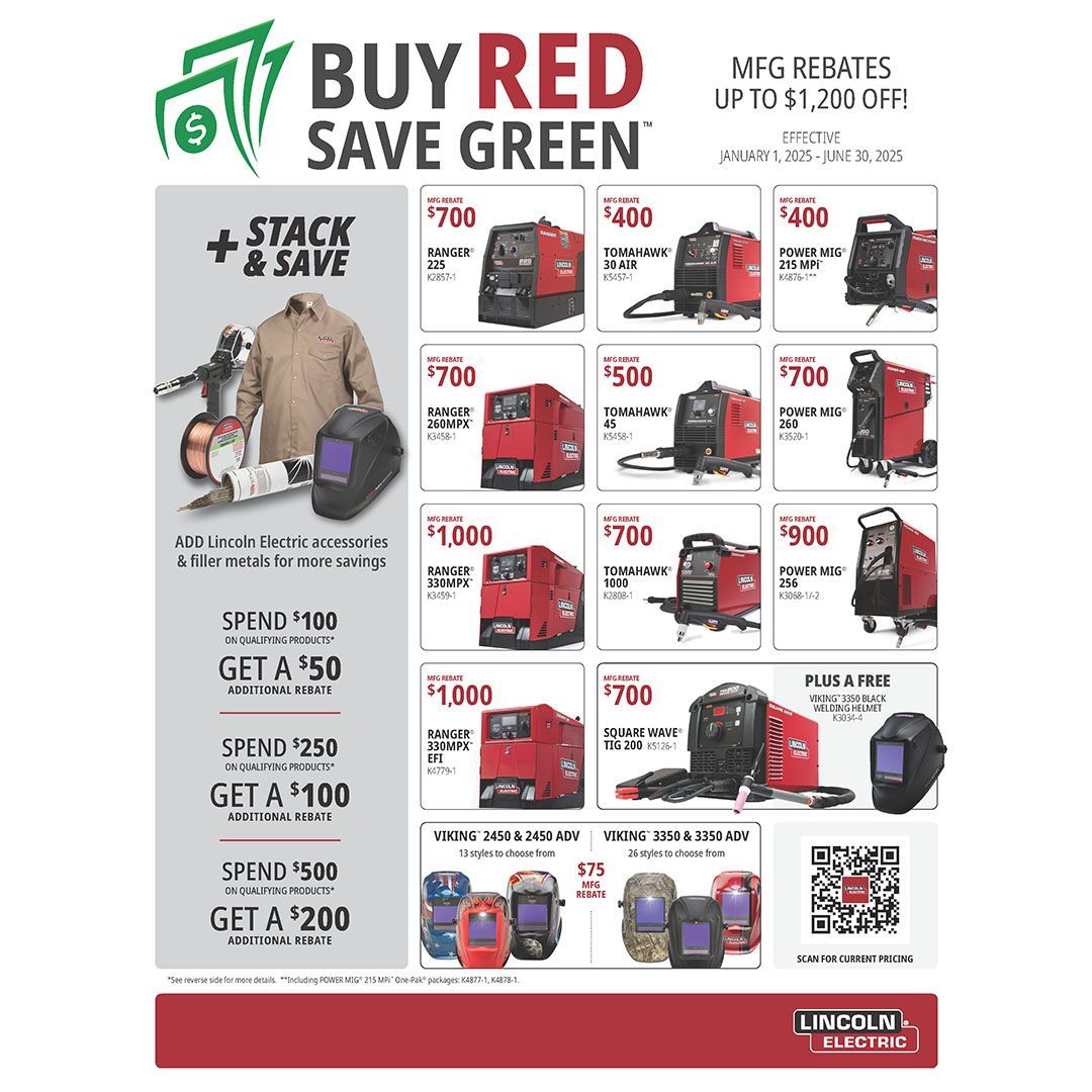 A flyer for lincoln welding equipment that says buy red save green.