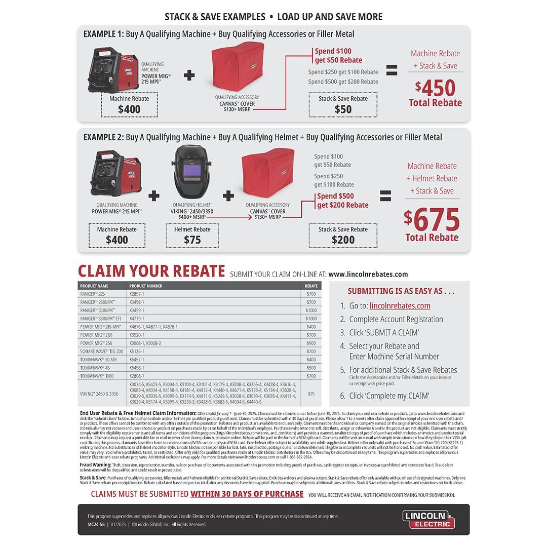 A flyer for a welding machine that says claim your rebate