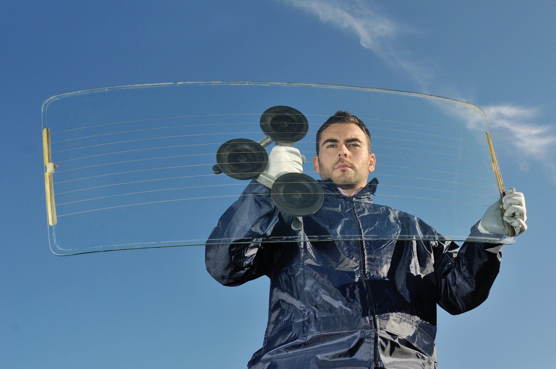 A man is holding a piece of glass with suction cups.