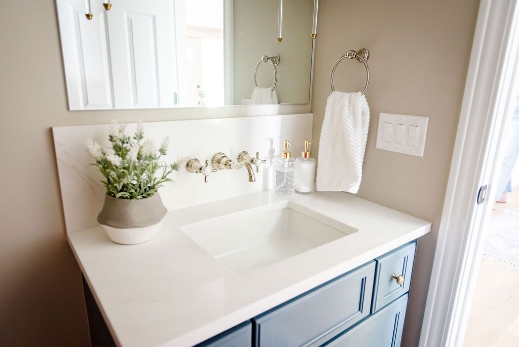 Bright bathroom vanity with white sink, mirror, brass faucet, and a potted plant