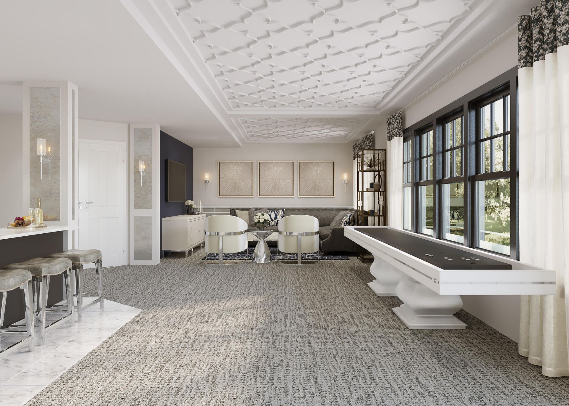 Modern dining room with white furniture, patterned carpet, and large black-framed windows