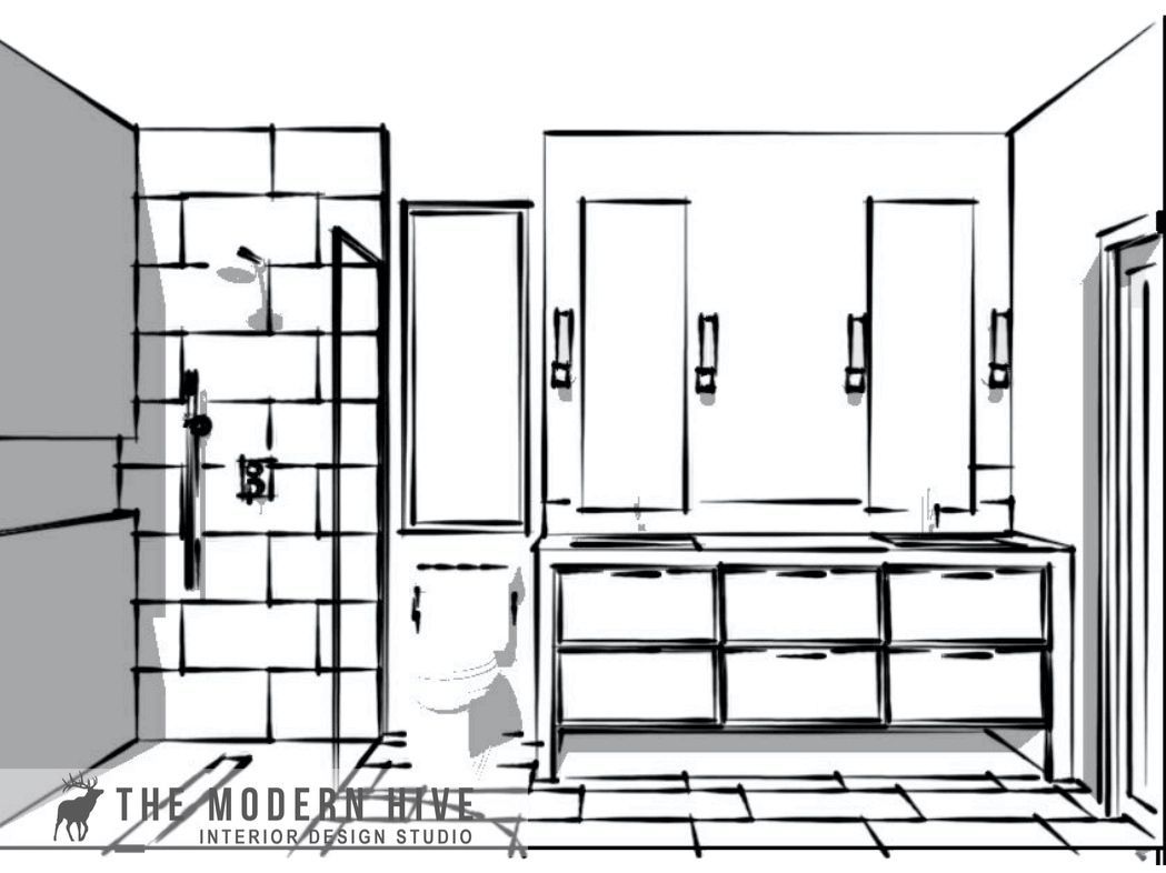 Sketch of a modern bathroom vanity with double mirrors, drawers, and a tiled shower area