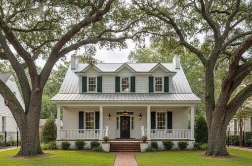White two-story farmhouse with green shutters and porch, framed by large oak trees.