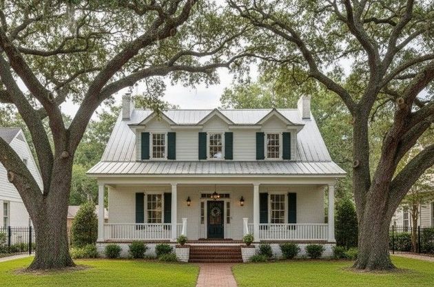 White two-story farmhouse with green shutters and porch, framed by large oak trees.