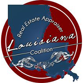 Logo for Red Estate Appraisers Louisiana Coalition with red, blue, and white Louisiana state outline.