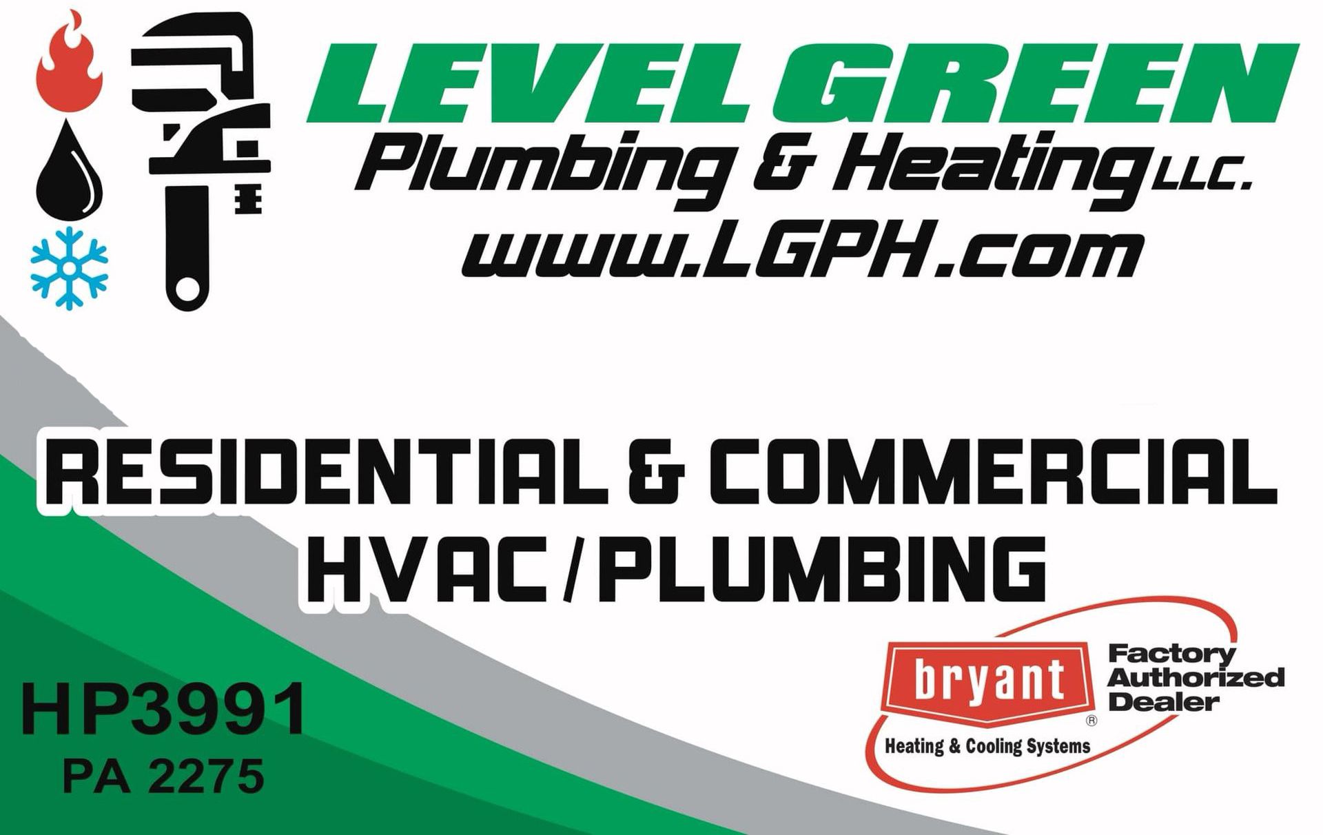 Logo for Level Green Plumbing & Heating LLC, with text: Residential & Commercial HVAC/Plumbing. Features a Bryant dealer badge.