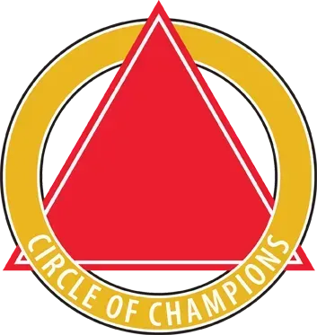 Logo with a red triangle inside a gold circle; text reads 