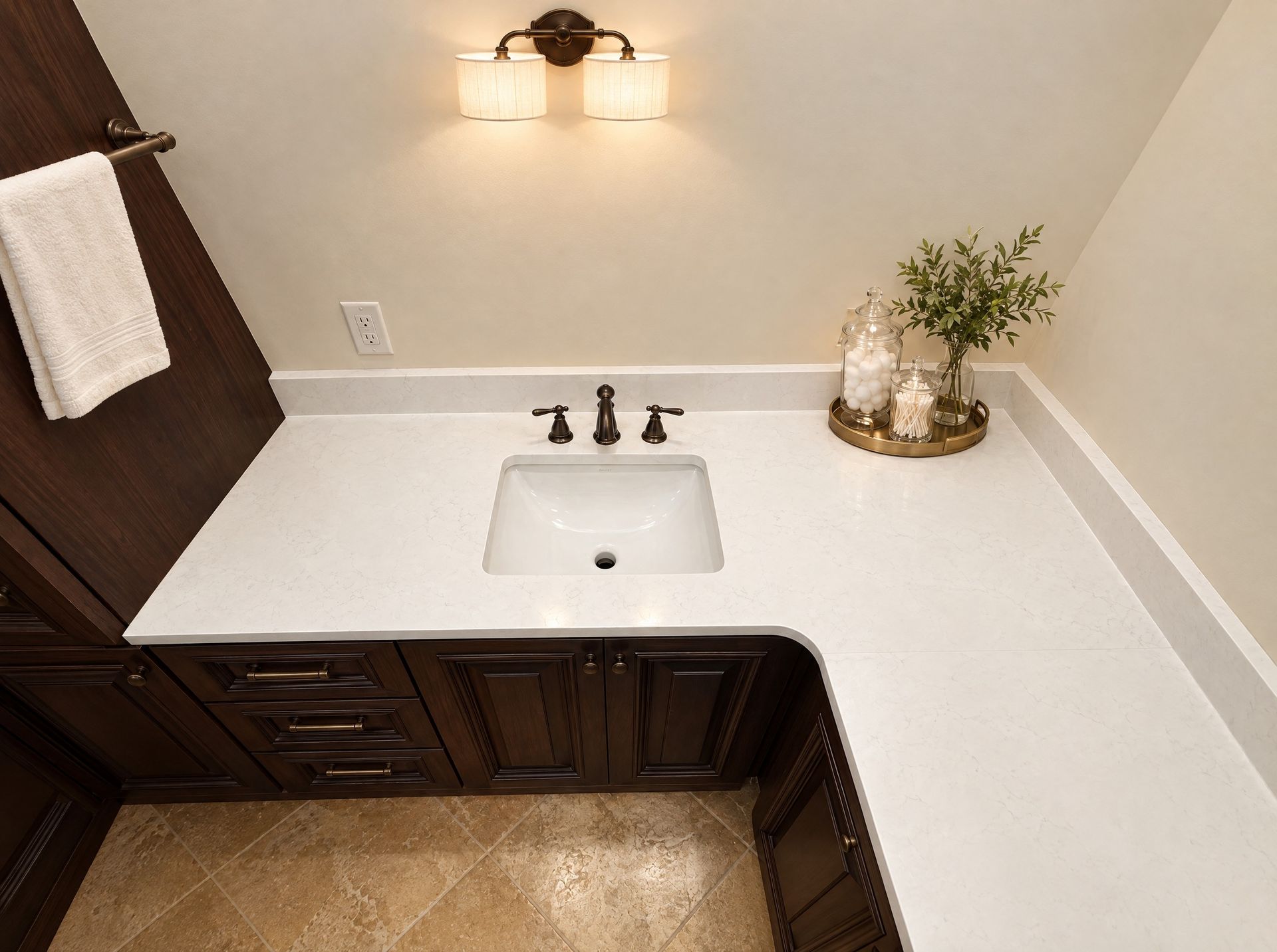 L-shaped bath vanity top with an under-mount sink