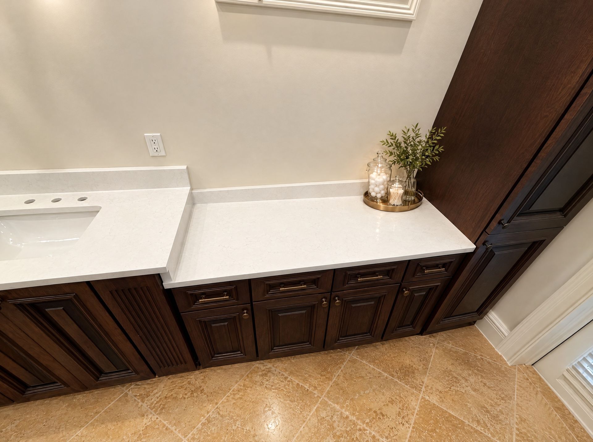 Makeup top beside the vanity sink