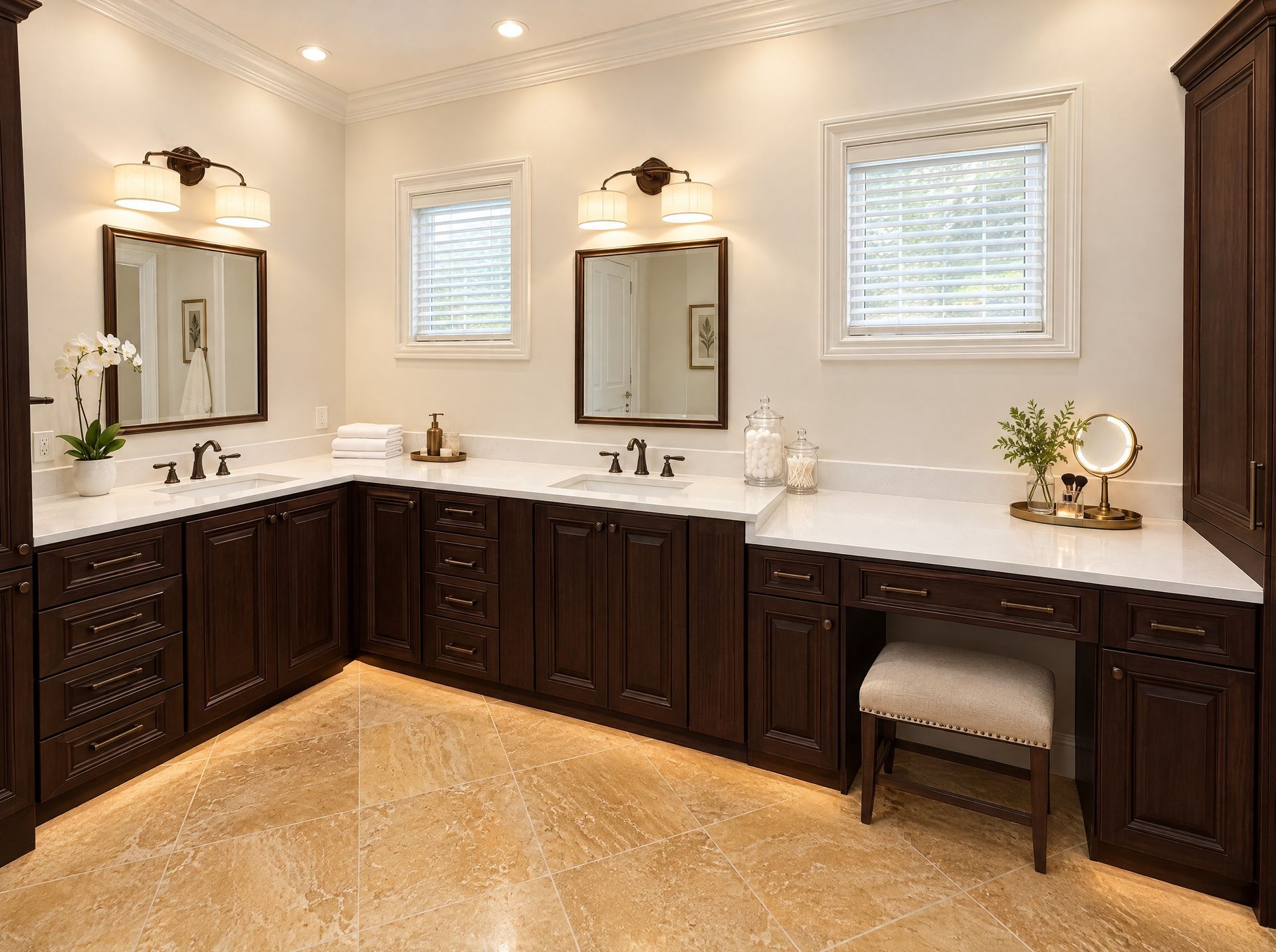 Master bath vanity run with two sinks