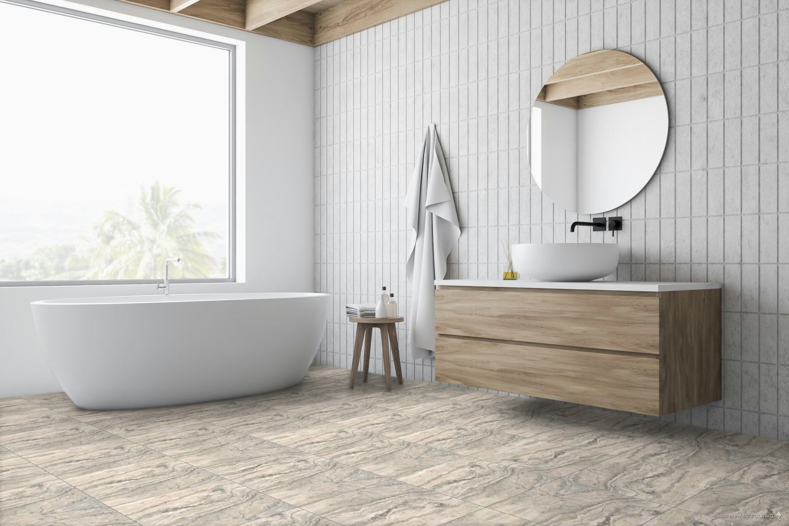 a bathroom with a tub , sink , mirror and window .