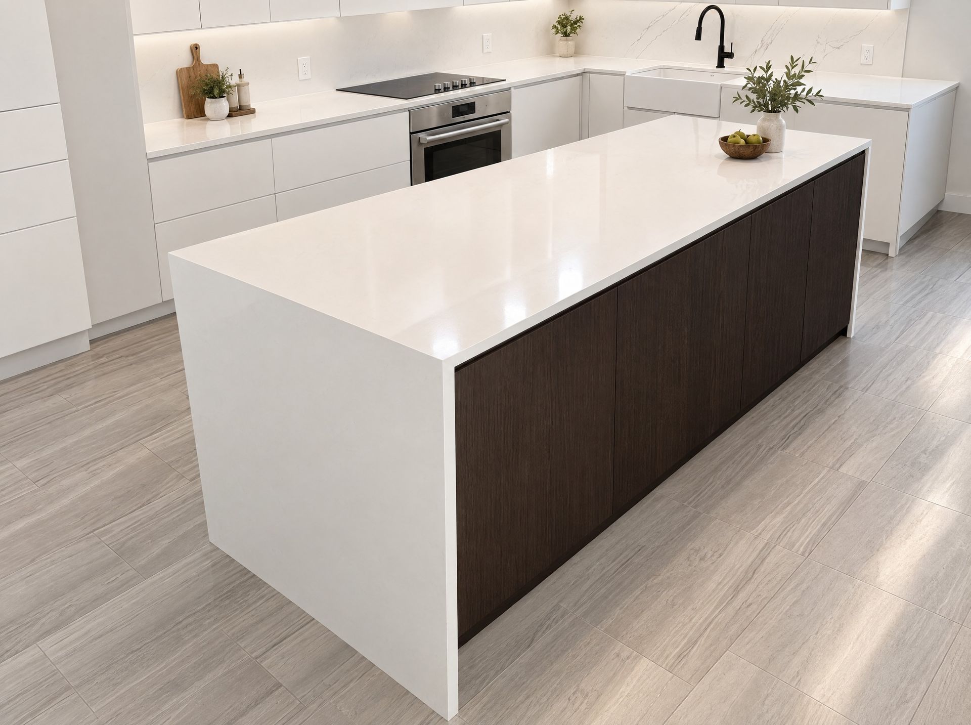 White quartz island with its waterfall panel