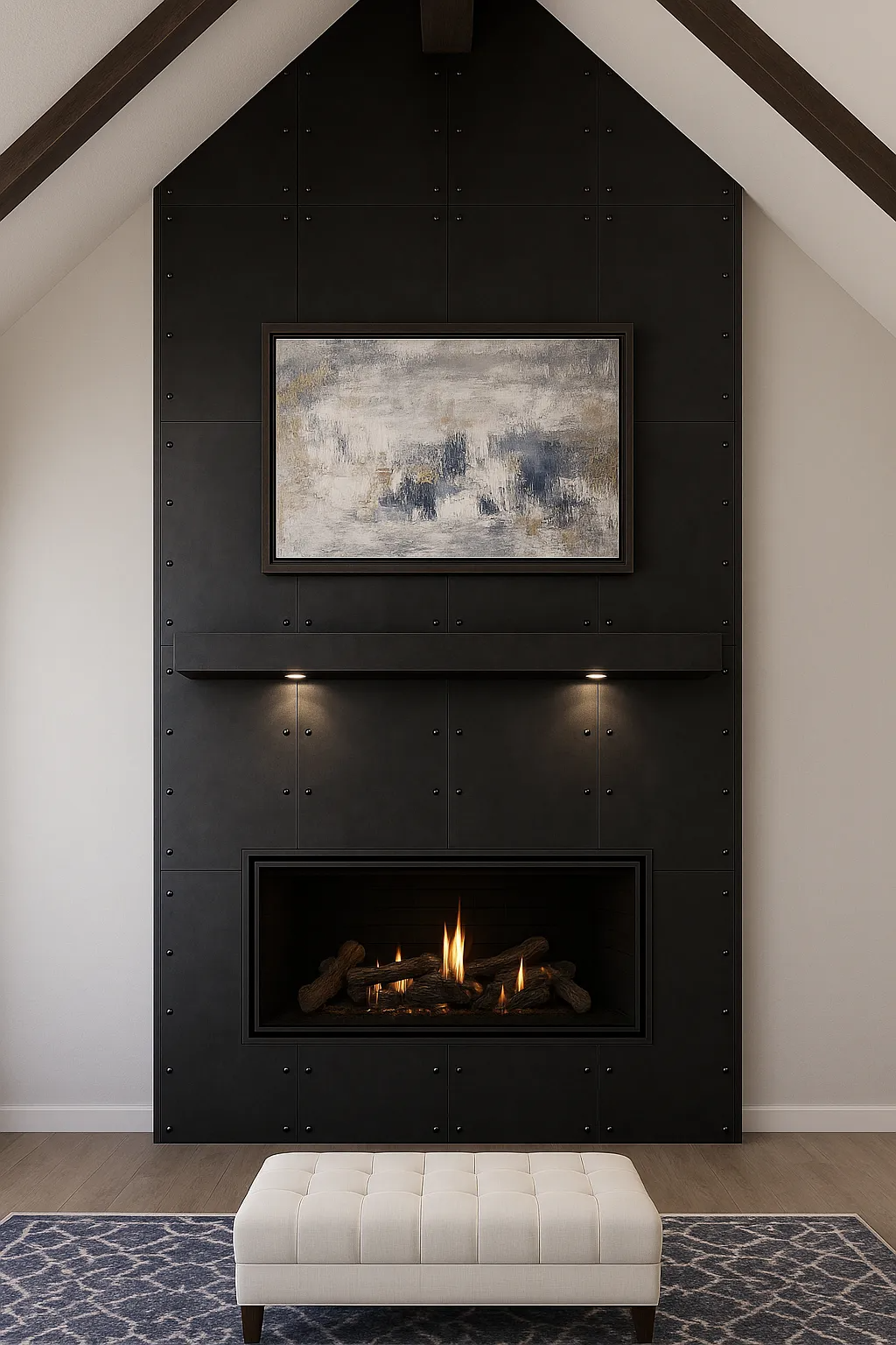 Modern black fireplace with artwork, shelf, and recessed lights. An ottoman sits in front of it.