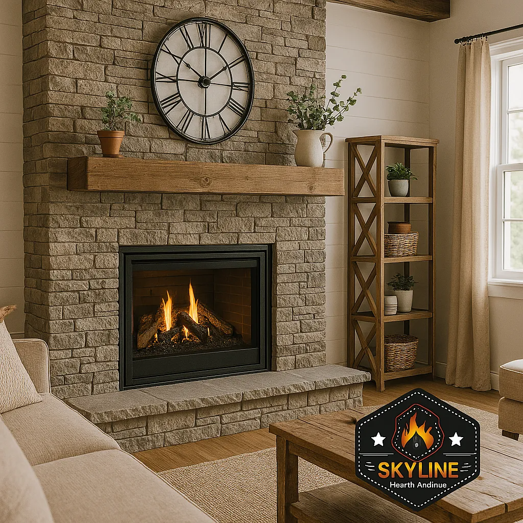 Cozy living room with fireplace, clock, wooden shelves, and beige couch; a Skyline logo is in the foreground.