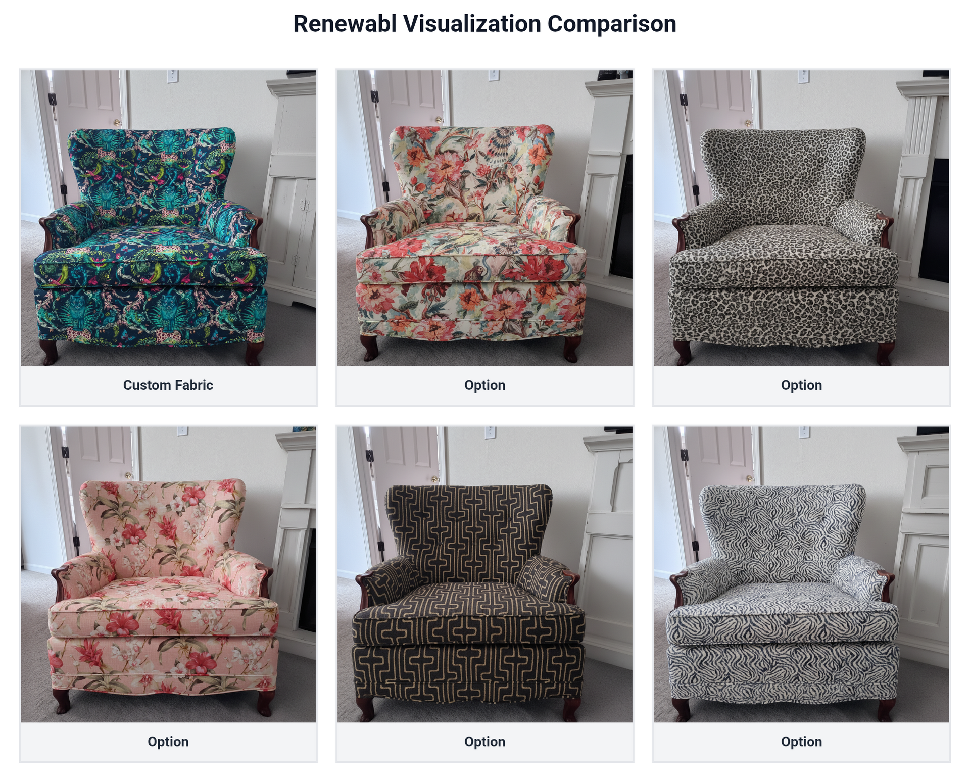 Comparison chart of upholstered armchairs with different fabric patterns and colors
