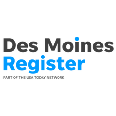 Des Moines Register logo in gray and blue;
