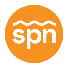 Orange circle logo with white