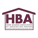 Logo for the Home Builders Association of Greater Des Moines. Maroon house outline with 