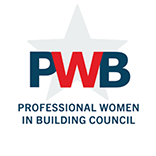 Logo for Professional Women in Building Council: blue and red letters 