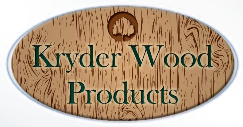 Oval wooden logo reading &ldquo;Kryder Wood Products&rdquo; in green text with a tree ring design.