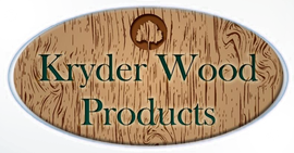 Oval wooden logo reading &ldquo;Kryder Wood Products&rdquo; in green text with a tree ring design.
