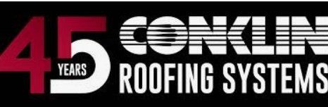 4D Years Conklin Roofing Systems logo in red, white, and black on a black background