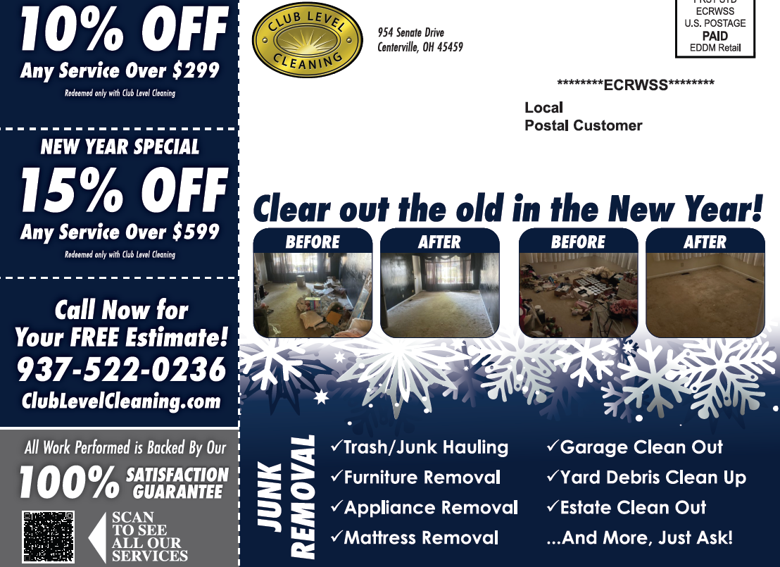 Flyer for Club Level Cleaning advertising junk removal services with before and after photos and New Year discounts.