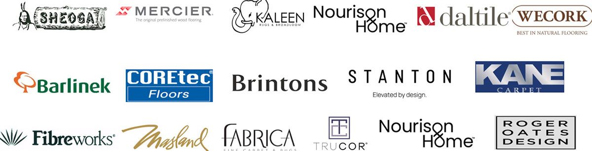 Collage of multiple company logos on a white background, including Barlinek, Coretec, and Nourison Home