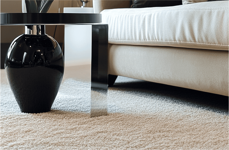 Black vase beside a chrome table leg on a beige carpet near a cream sofa